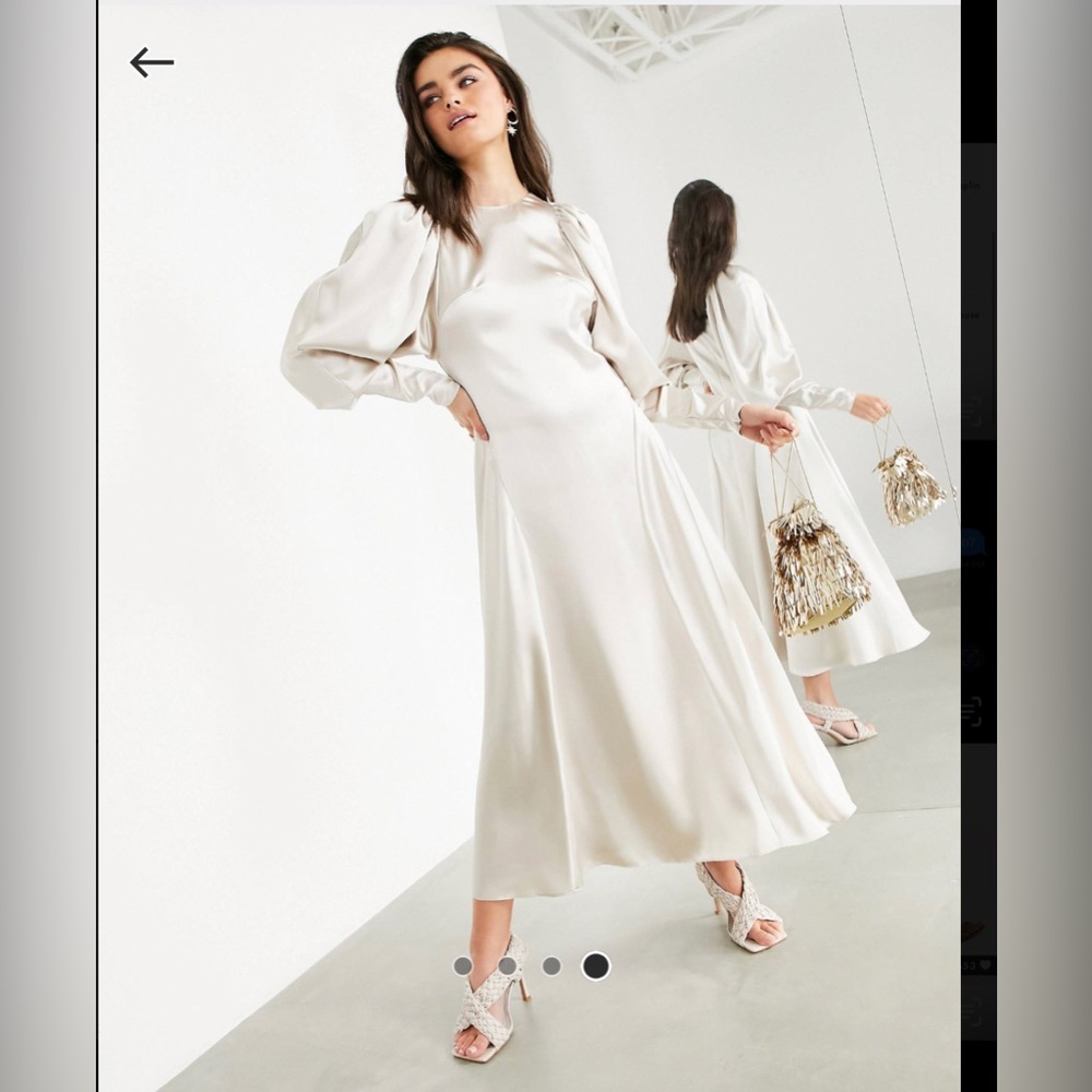 ASOS EDITION satin gathered shoulder midi dress in oyster